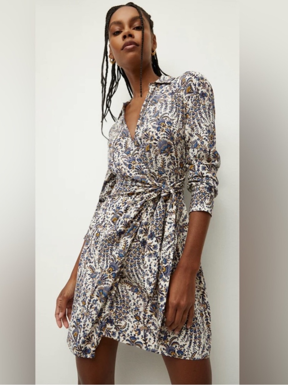 Veronica Beard Lavella Floral Silk Wrap Mini Dress Blue Ivory Long Sleeve